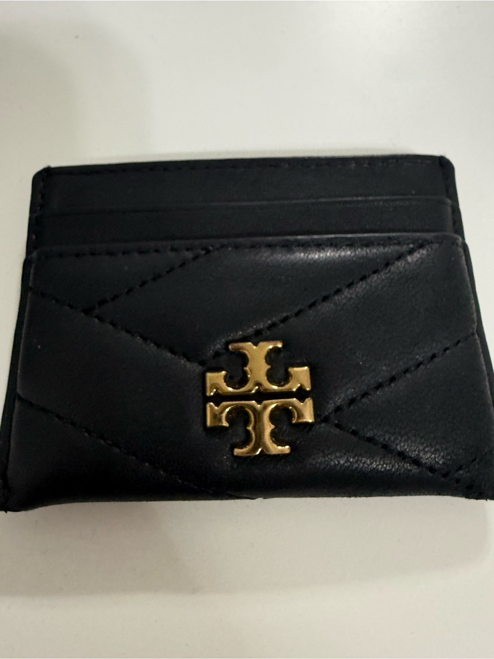 Tory Burch Black Quilted Leather Card Holder with Gold Logo Accent